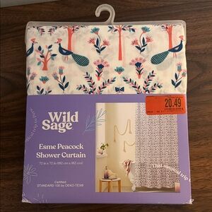Wild Sage Esme Peacock Shower Curtain - White with Teal & Coral Peacock Print